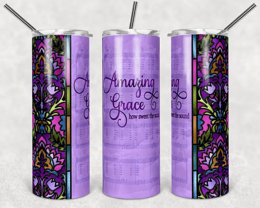 Stained Glass Amazing Grace Purple - 20 oz or 30oz Skinny Tumblers w/ Lid and Metal Straw