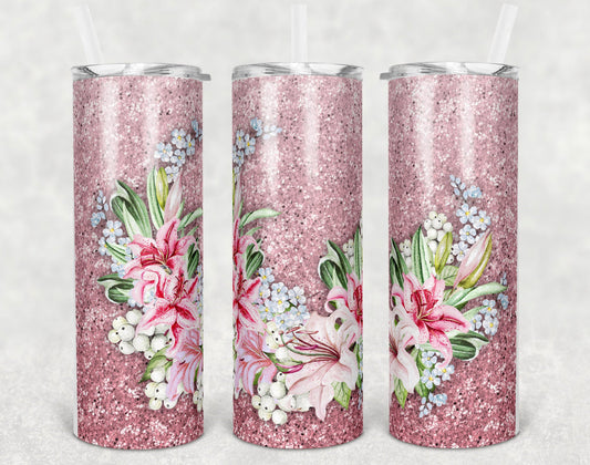 Pink Glitter Lilies Flowers - 20oz or 30oz Skinny Tumblers w/ Lid and Metal Straw