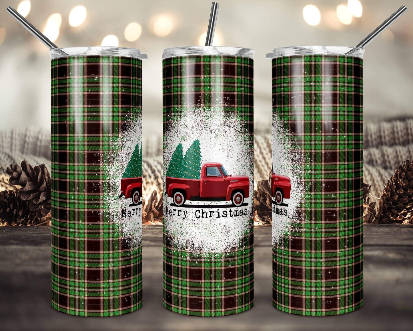 Green Plaid Xmas Truck- 20 oz or 30oz Skinny Tumblers w/ Lid and Metal Straw