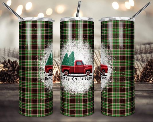Green Plaid Xmas Truck- 20 oz or 30oz Skinny Tumblers w/ Lid and Metal Straw