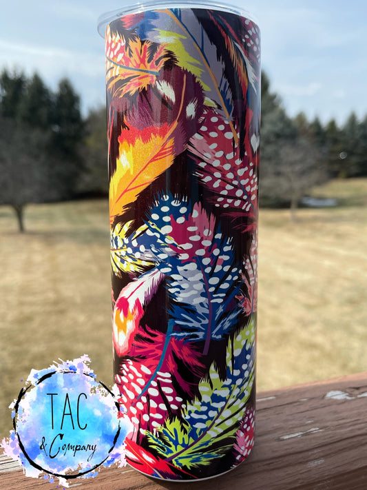 Colorful Feathers - 20 oz Skinny Tumblers w/ Lid and Metal Straw '