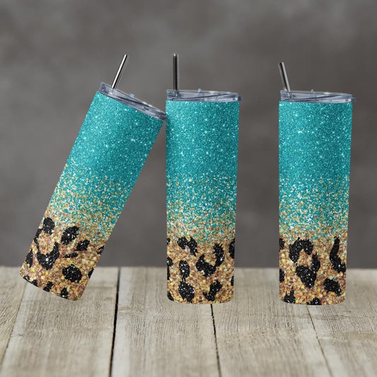 Blue Glitter Cheetah- 20 oz or 30oz Skinny Tumblers w/ Lid and Metal Straw
