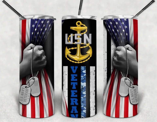 US Navy Veteran - 20 oz or 30oz Skinny Tumblers w/ Lid and Metal Straw