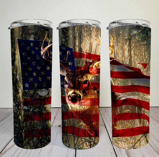 American Flag Deer- 20 oz or 30oz Skinny Tumblers w/ Lid and Metal Straw