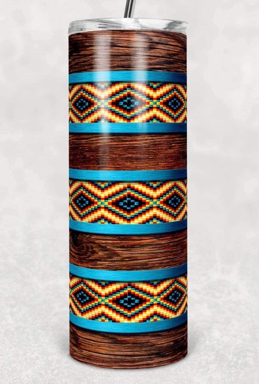 Wooden Blue Aztec - 20oz or 30oz Skinny Tumblers w/ Lid and Metal Straw