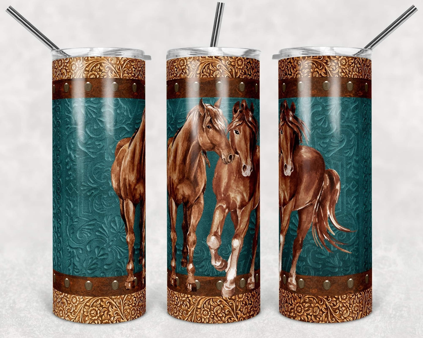 Two horses leather  - 20 oz or 30oz Skinny Tumblers w/ Lid and Metal Straw