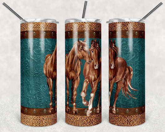 Two horses leather  - 20 oz or 30oz Skinny Tumblers w/ Lid and Metal Straw