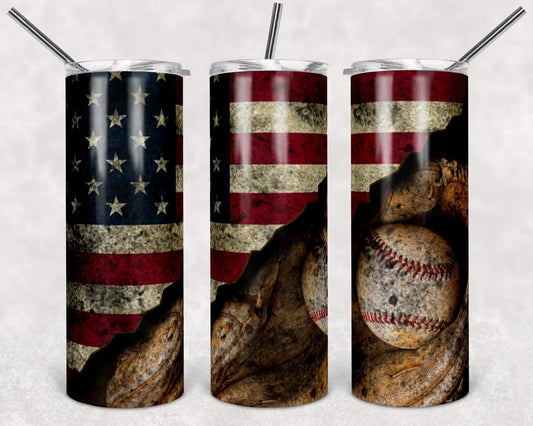 Baseball in Glove- 20oz or 30oz Skinny Tumblers w/ Lid and Metal Straw