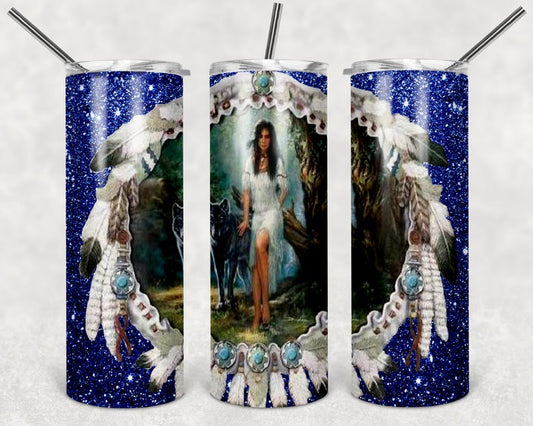 Blue Glitter Dream Catcher Native - White - Sublimation Print (This Is Not A Digital File)