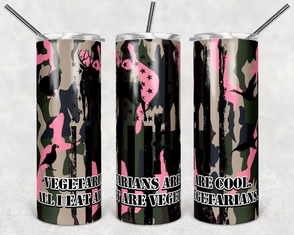 Vegetarians are Cool Hunting Pink - 20 or 30oz Skinny Tumblers w/ Lid and Metal Straw