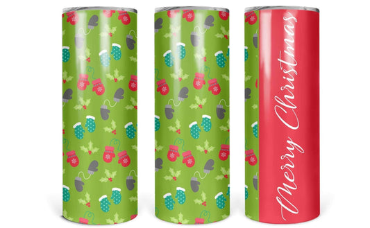 Green Mittens Merry Xmas- 20 oz or 30oz Skinny Tumblers w/ Lid and Metal Straw