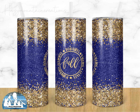 Blue Fall Tumbler Glitter - 20oz or 30oz Skinny Tumblers w/ Lid and Metal Straw