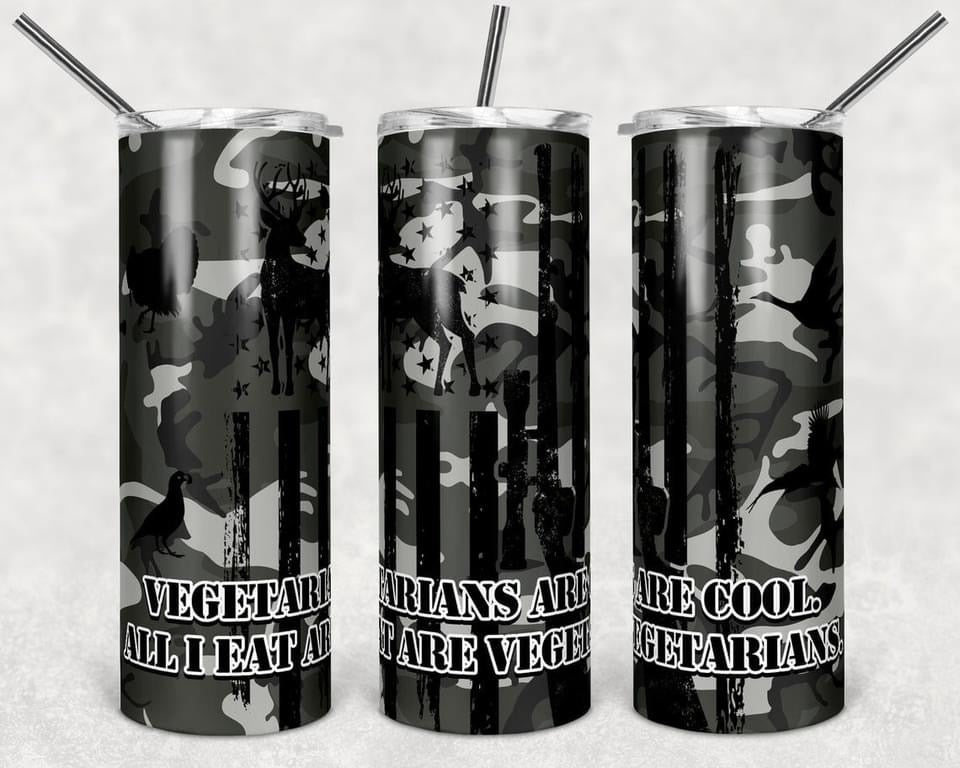 Vegetarians are Cool Hunting Black - 20 or 30oz Skinny Tumblers w/ Lid and Metal Straw