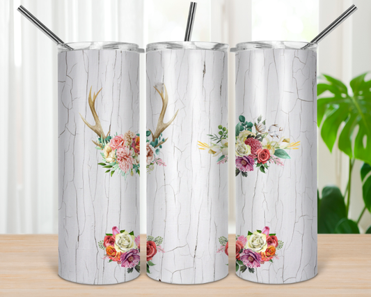 White Cracked Deer Antlers Floral- 20oz or 30oz Skinny Tumblers w/ Lid and Metal Straw