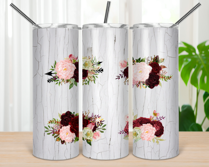 White Cracked Floral- 20oz or 30oz Skinny Tumblers w/ Lid and Metal Straw