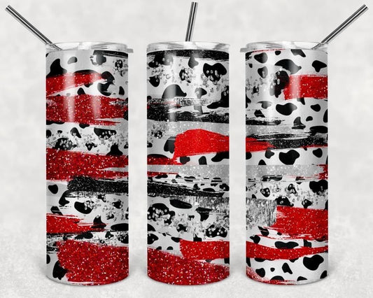 Red and Grey Cow Print- 20oz or 30oz Skinny Tumblers w/ Lid and Metal Straw