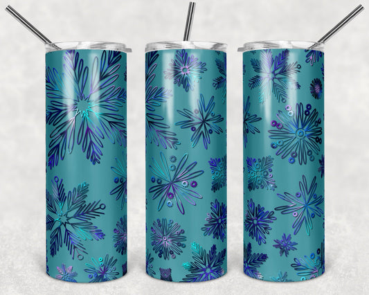 Teal and Purple Sparkles Snowflakes - 20oz or 30oz Skinny Tumblers w/ Lid and Metal Straw
