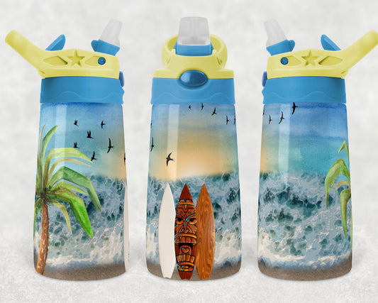 Beach , Ocean ,Surfboards - 12oz Kids Flip Cup water Bottle Tumbler