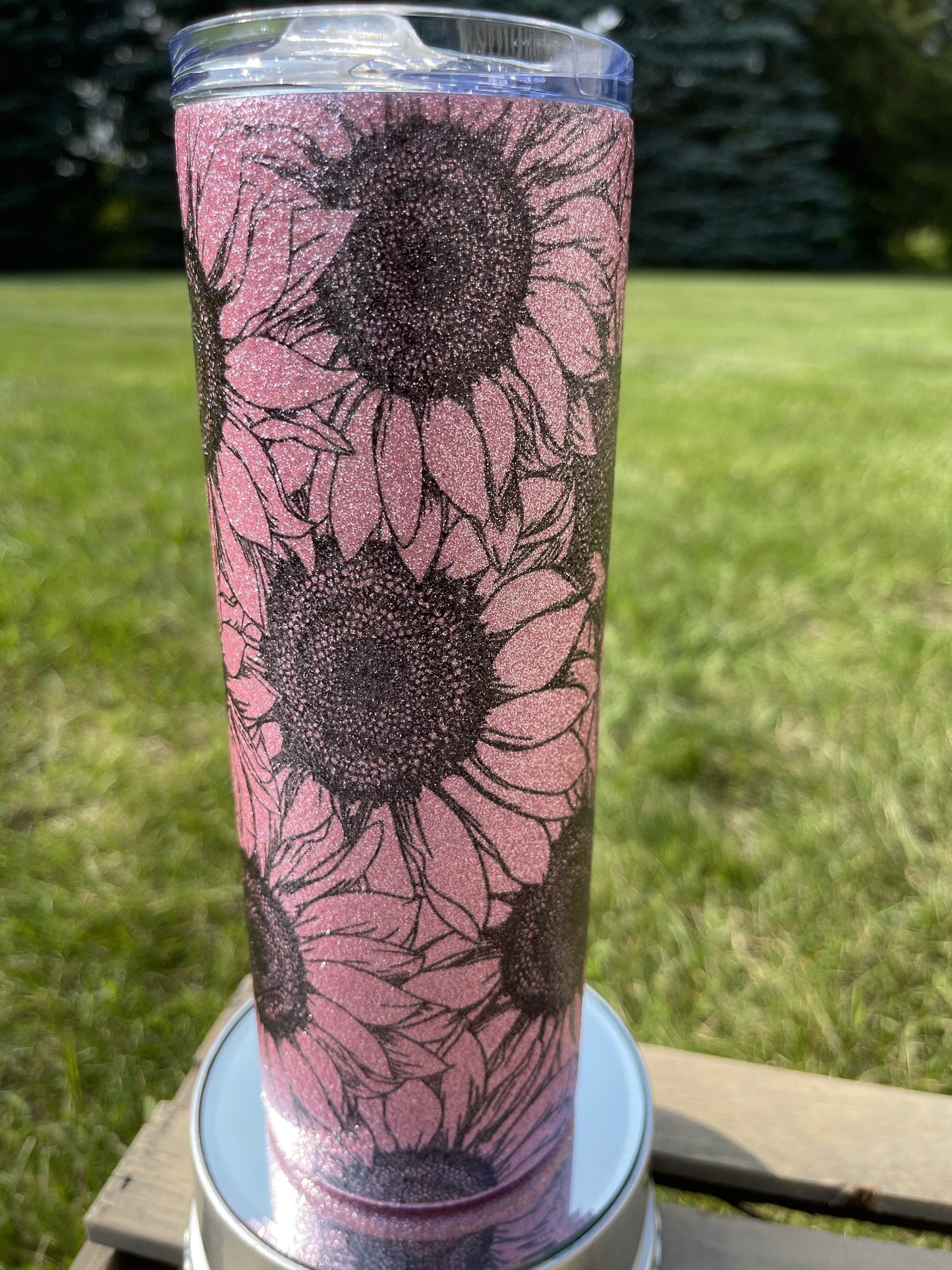 Pink Glitter Sunflower -  20oz  Skinny Tumblers w/ Lid and Metal Straw