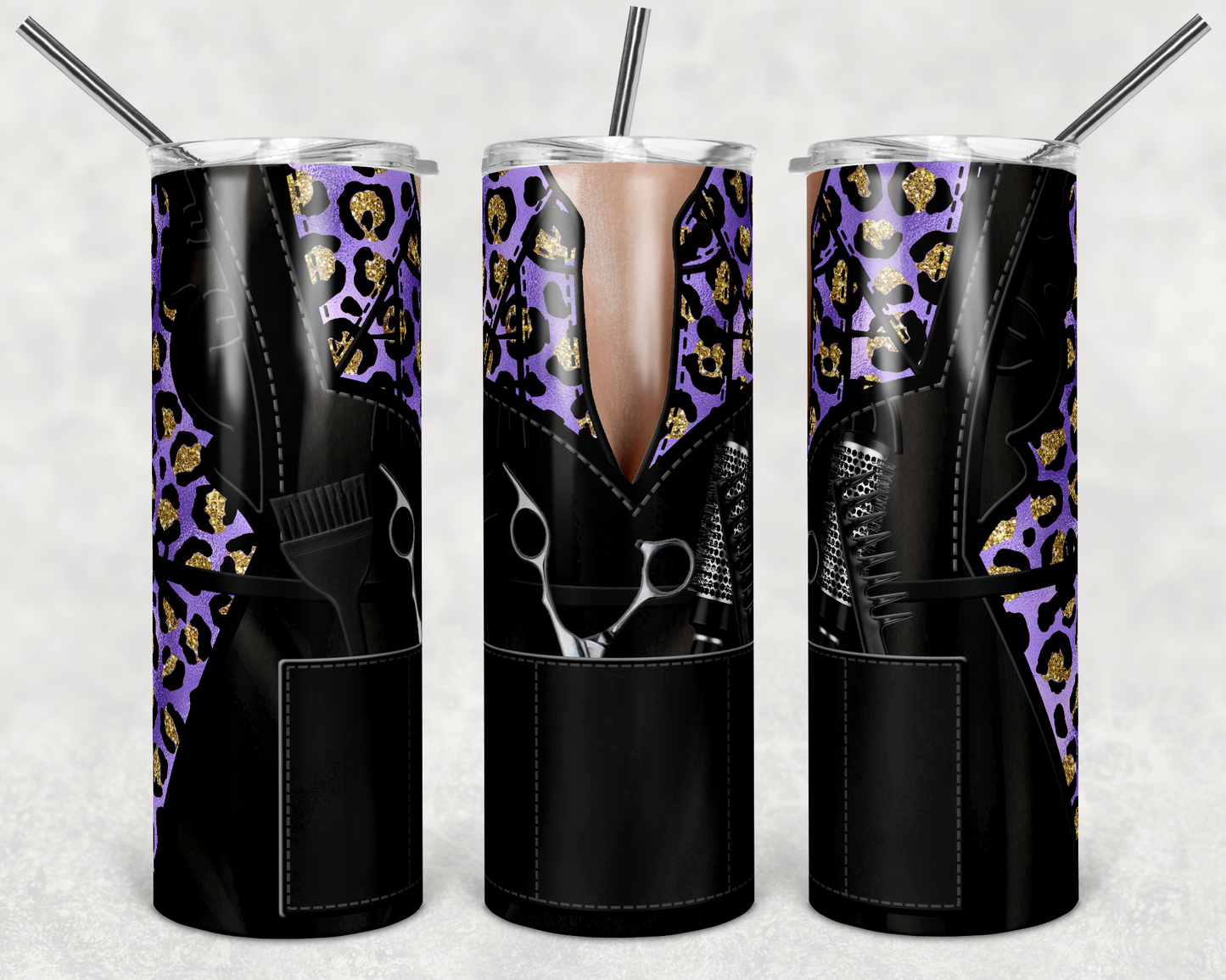 Purple & Gold Cheetah Hair Apron - 20oz or 30oz Skinny Tumblers w/ Lid and Metal Straw