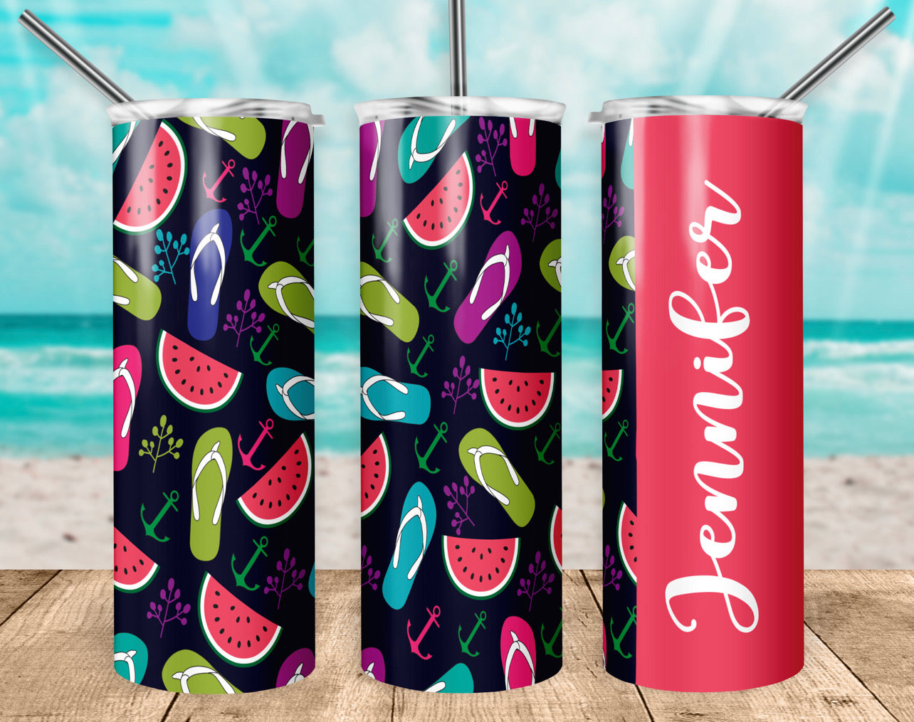 Red Flip flop watermelon Name- 20 oz or 30oz Skinny Tumblers w/ Lid and Metal Straw