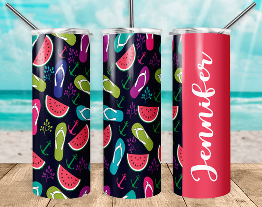 Red Flip flop watermelon Name- 20 oz or 30oz Skinny Tumblers w/ Lid and Metal Straw