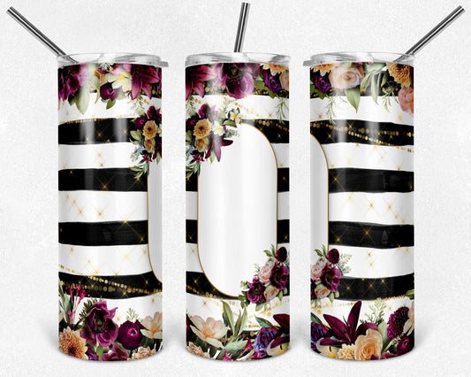 Black and White stripes , Flowers Personalized - 20oz or 30oz Skinny Tumblers w/ Lid and Metal Straw