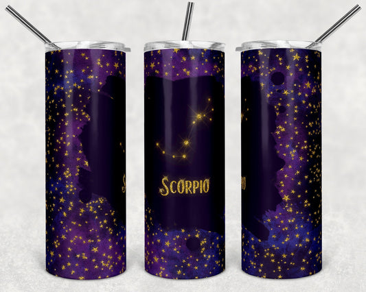 Scorpio Purple & Gold Zodiac - 20oz or 30oz Skinny Tumblers w/ Lid and Metal Straw