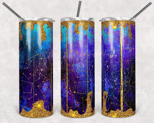 Blue, Pink & Teal Gold Dripping up- 20oz or 30oz Skinny Tumblers w/ Lid and Metal Straw