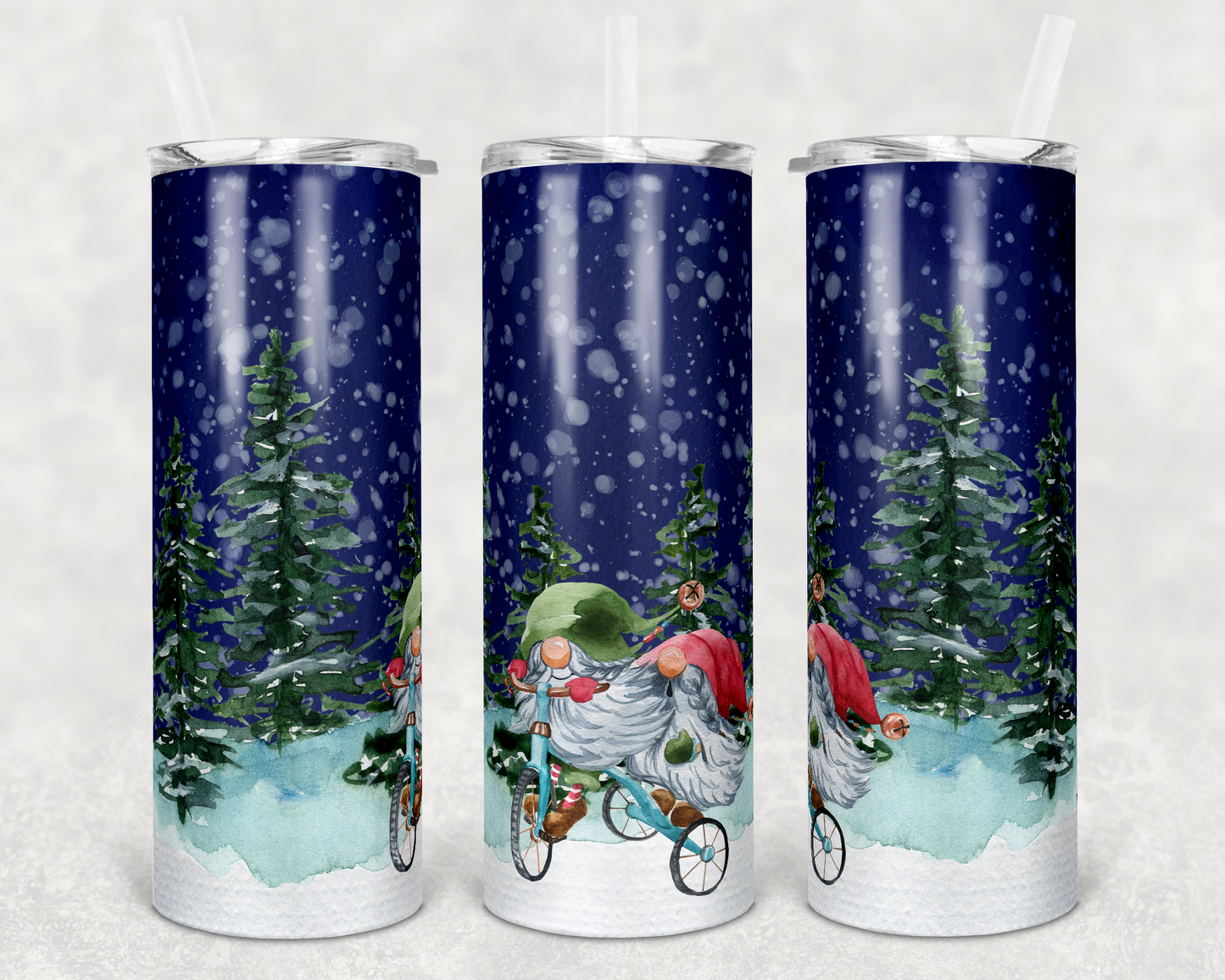 Christmas Tree Bike Gnome- 20 oz or 30oz Skinny Tumblers w/ Lid and Metal Straw