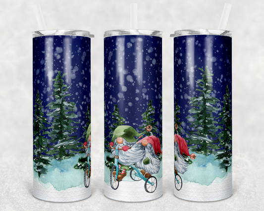 Christmas Tree Bike Gnome- 20 oz or 30oz Skinny Tumblers w/ Lid and Metal Straw