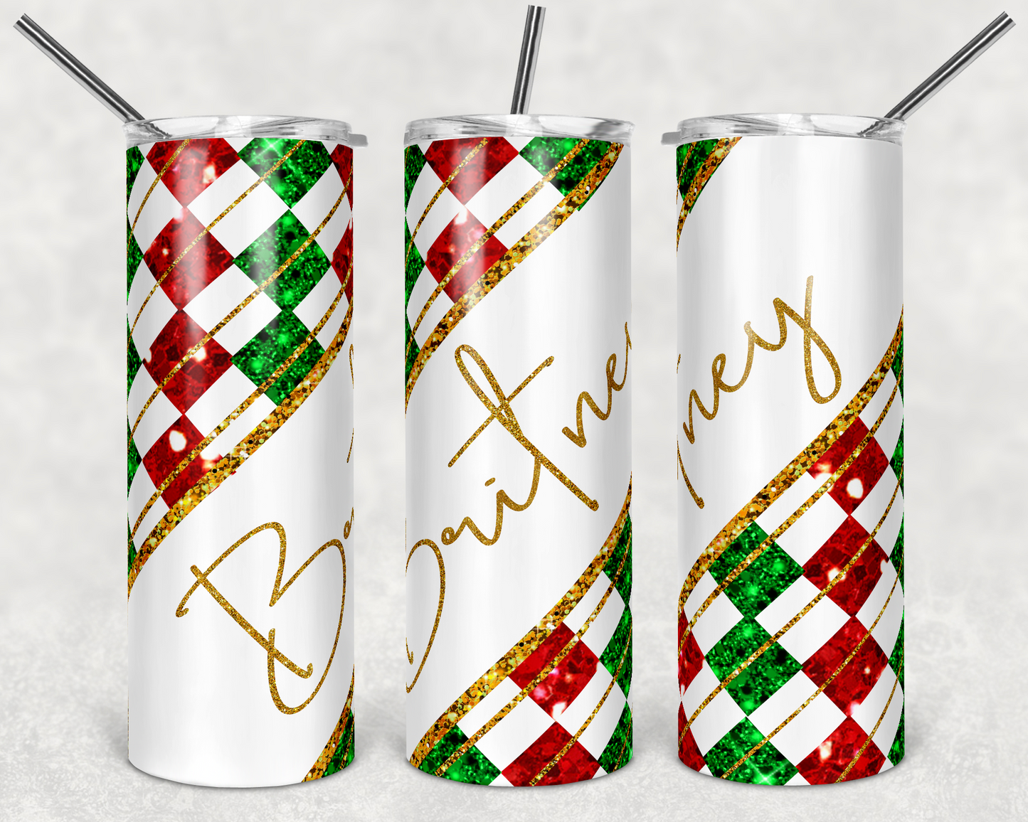 Custom Name Red & Green- 20 oz or 30oz Skinny Tumblers w/ Lid and Metal Straw