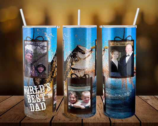Fishing Worlds Best Dad Pictures- 20 oz or 30oz Skinny Tumblers w/ Lid and Metal Straw