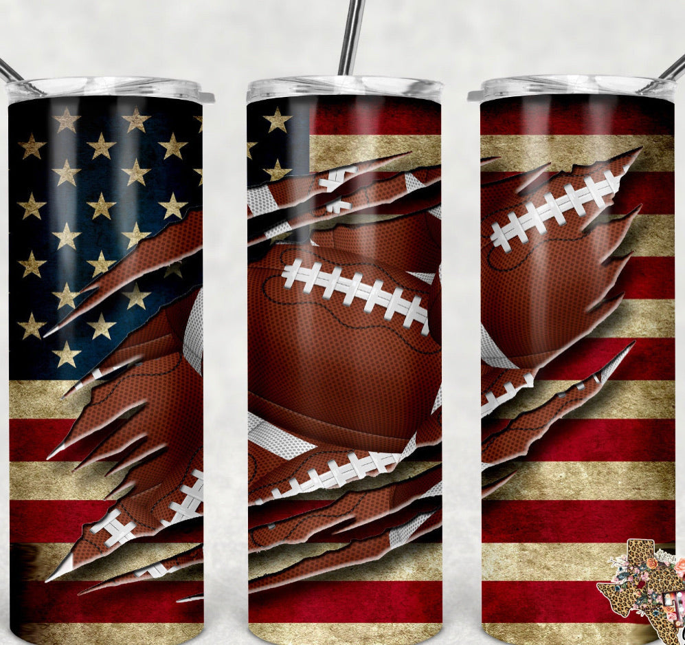 Football American Flag- 20oz or 30oz Skinny Tumblers w/ Lid and Metal Straw