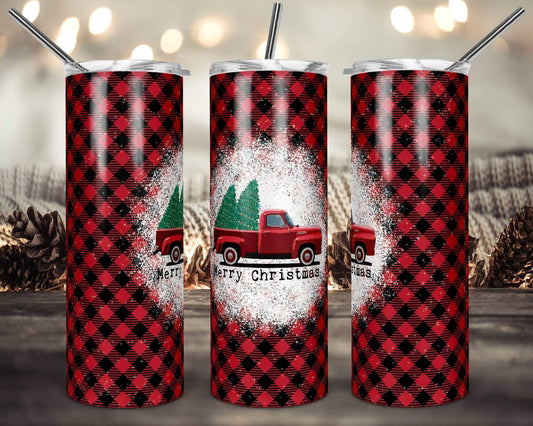 Red Plaid Merry Xmas Truck- 20 oz or 30oz Skinny Tumblers w/ Lid and Metal Straw
