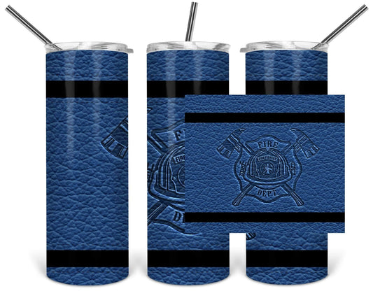 Blue & Black Leather Fire Dep. - 20oz or 30oz Skinny Tumblers w/ Lid and Metal Straw