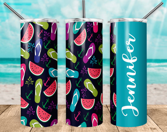 Blue Flip flop watermelon Name- 20 oz or 30oz Skinny Tumblers w/ Lid and Metal Straw