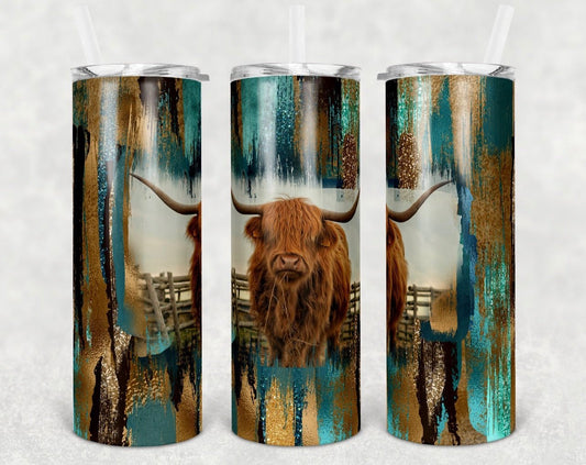 Teal and Brown Cow Animal - 20 oz or 30oz Skinny Tumblers w/ Lid and Metal Straw