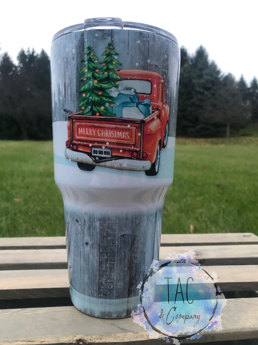 Christmas Red Truck - 30 oz Yeti Style Tumbler w/Lid