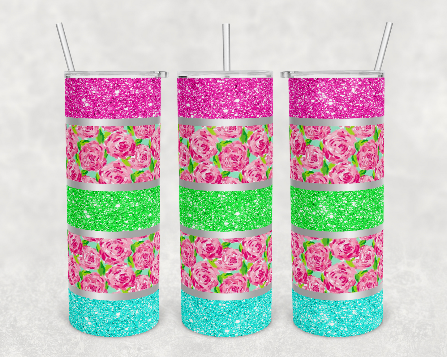 Glitter , Teal , Pink Roses I - 20 oz or 30oz Skinny Tumblers w/ Lid and Metal Straw