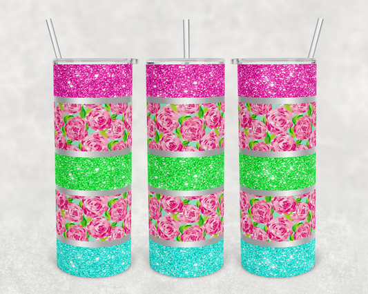 Glitter , Teal , Pink Roses I - 20 oz or 30oz Skinny Tumblers w/ Lid and Metal Straw