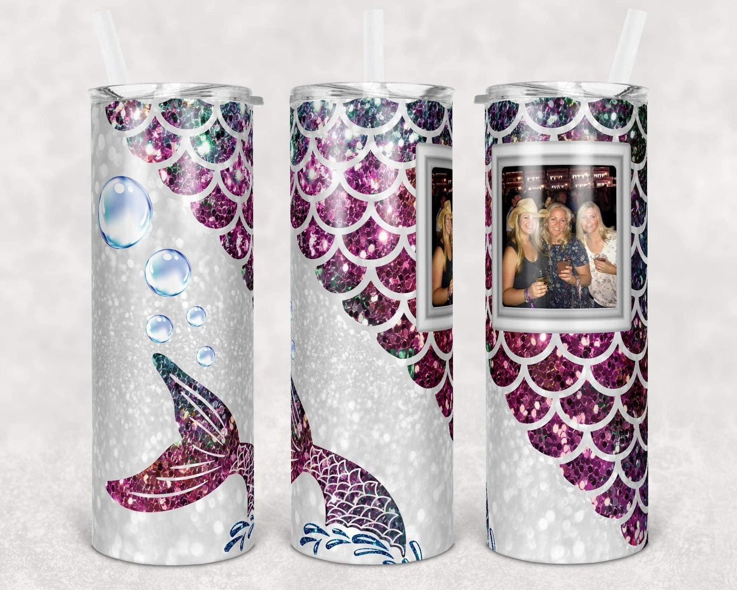 Mermaid White Picture  - 20oz or 30oz Skinny Tumblers w/ Lid and Metal Straw