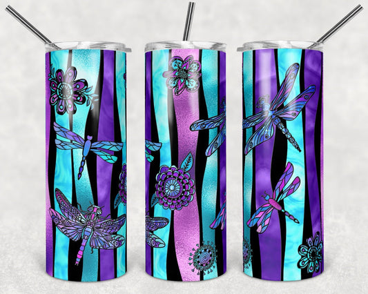 Teal & Purple Dragonfly- 20 oz or 30oz Skinny Tumblers w/ Lid and Metal Straw