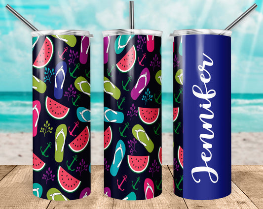 Dark Blue Flip flop watermelon Name- 20 oz or 30oz Skinny Tumblers w/ Lid and Metal Straw