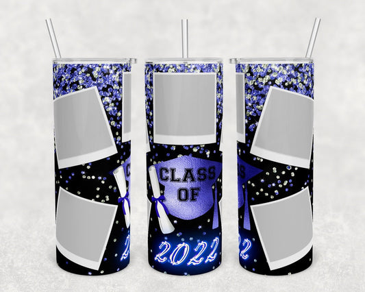 Blue Glitter Class of 22- 20 oz or 30oz Skinny Tumblers w/ Lid and Metal Straw