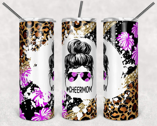 Cheetah Purple Cheer Mom - 20oz or 30oz Skinny Tumblers w/ Lid and Metal Straw