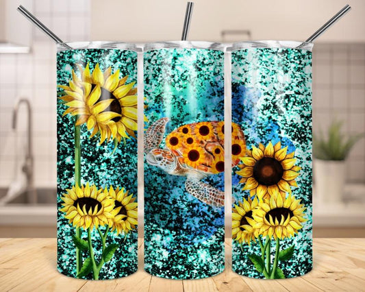Sunflower Turtle Summer- 20oz or 30oz Skinny Tumblers w/ Lid and Metal Straw