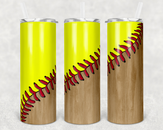 Wood Softball Laces- 20oz or 30oz Skinny Tumblers w/ Lid and Metal Straw