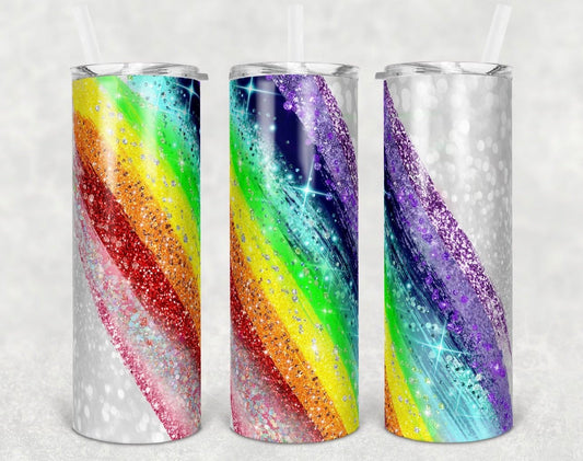 Glitter Vertical Rainbow- 20oz or 30oz Skinny Tumblers w/ Lid and Metal Straw
