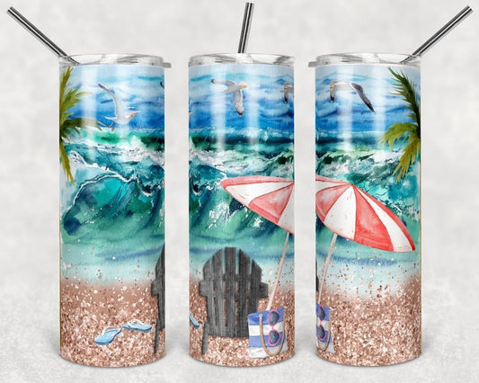 Beach W/ Colorful Unbrella- 20oz or 30oz Skinny Tumblers w/ Lid and Metal Straw